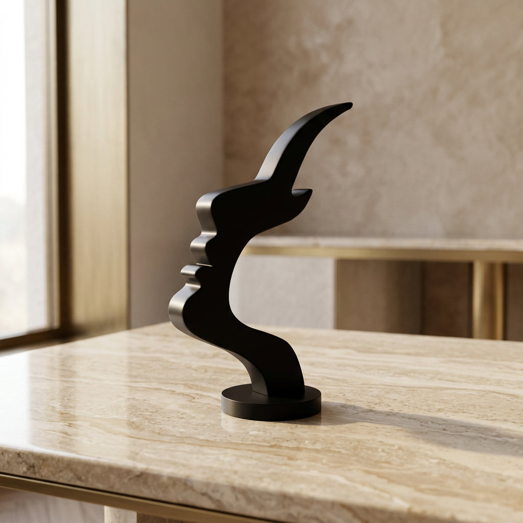 Black minimalist face eyeglass holder with an artistic facial profile design displayed in a neutral home interior.