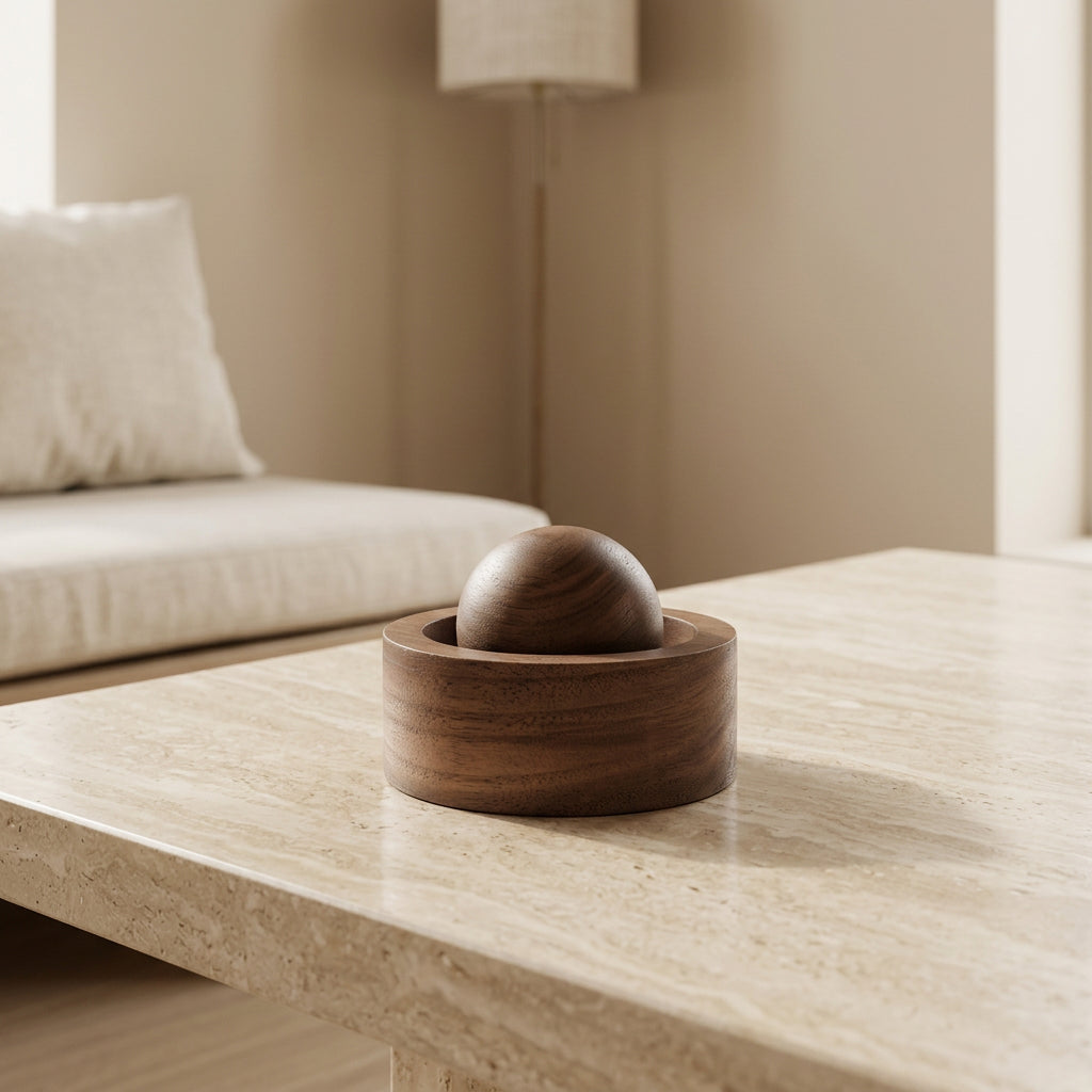 Small wooden essential oil diffuser displayed on a wooden surface in a cozy home setting.