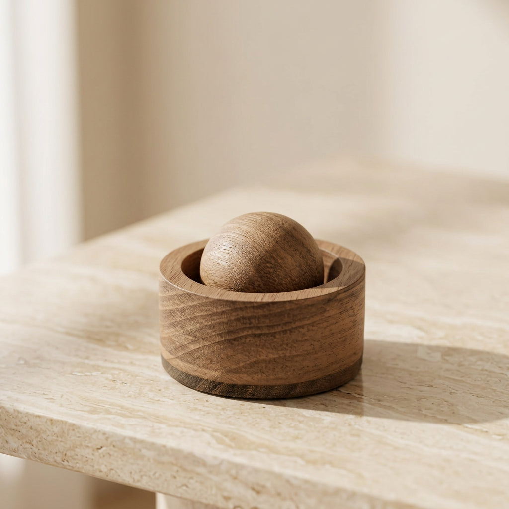 Compact wooden essential oil diffuser displayed on a minimalist beige tabletop.