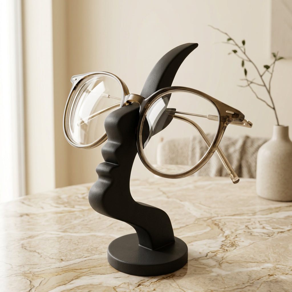 Black minimalist face eyeglass holder displaying round clear-frame glasses on a modern beige tabletop.