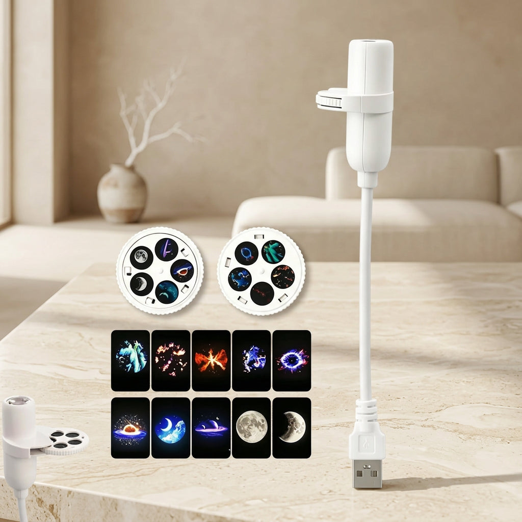 Mini USB star projector with colorful galaxy lighting displayed in a cozy bedroom setting.