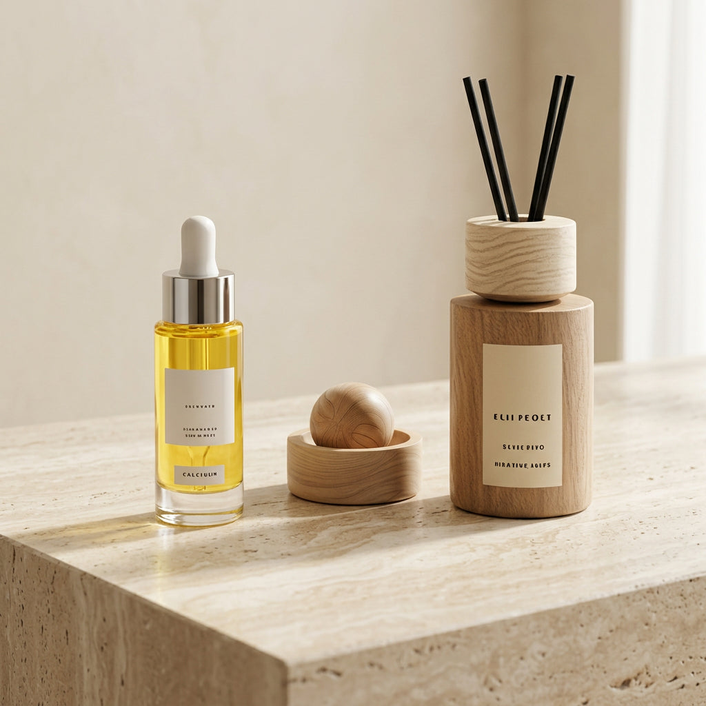 Wood essential oil diffuser styled alongside home fragrance accessories and minimalist decor.
