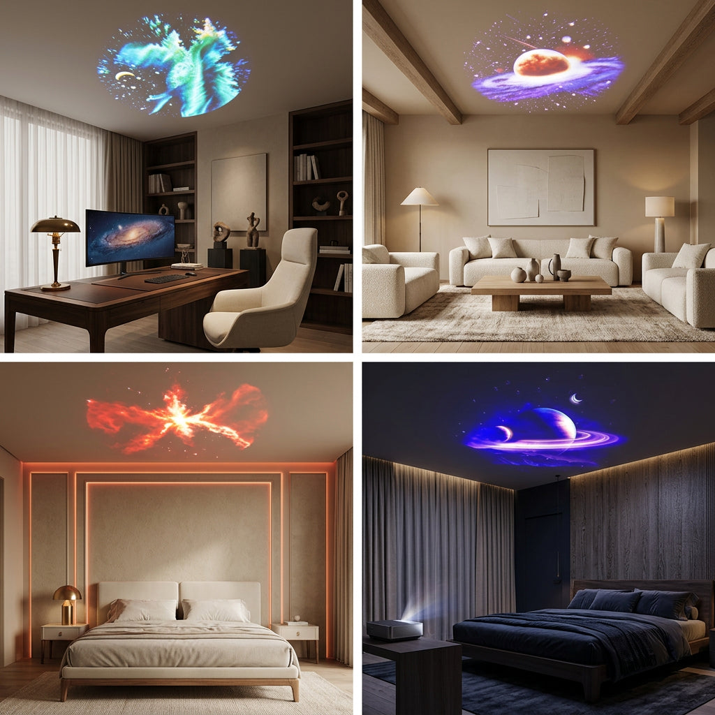 Mini star projector illuminating a dark room with colorful galaxy and nebula effects.