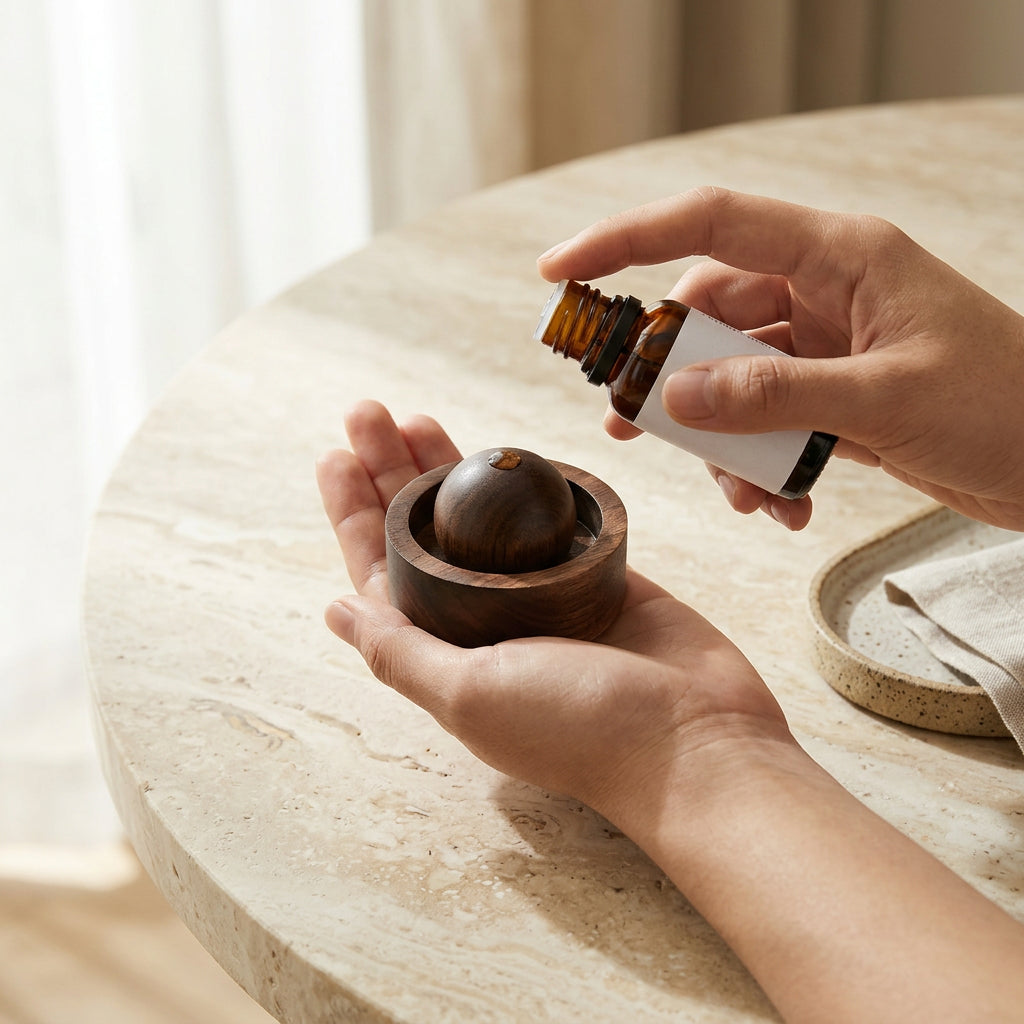 Small wooden essential oil diffuser being opened by hand to show its simple design. Essential oil being poured into product.