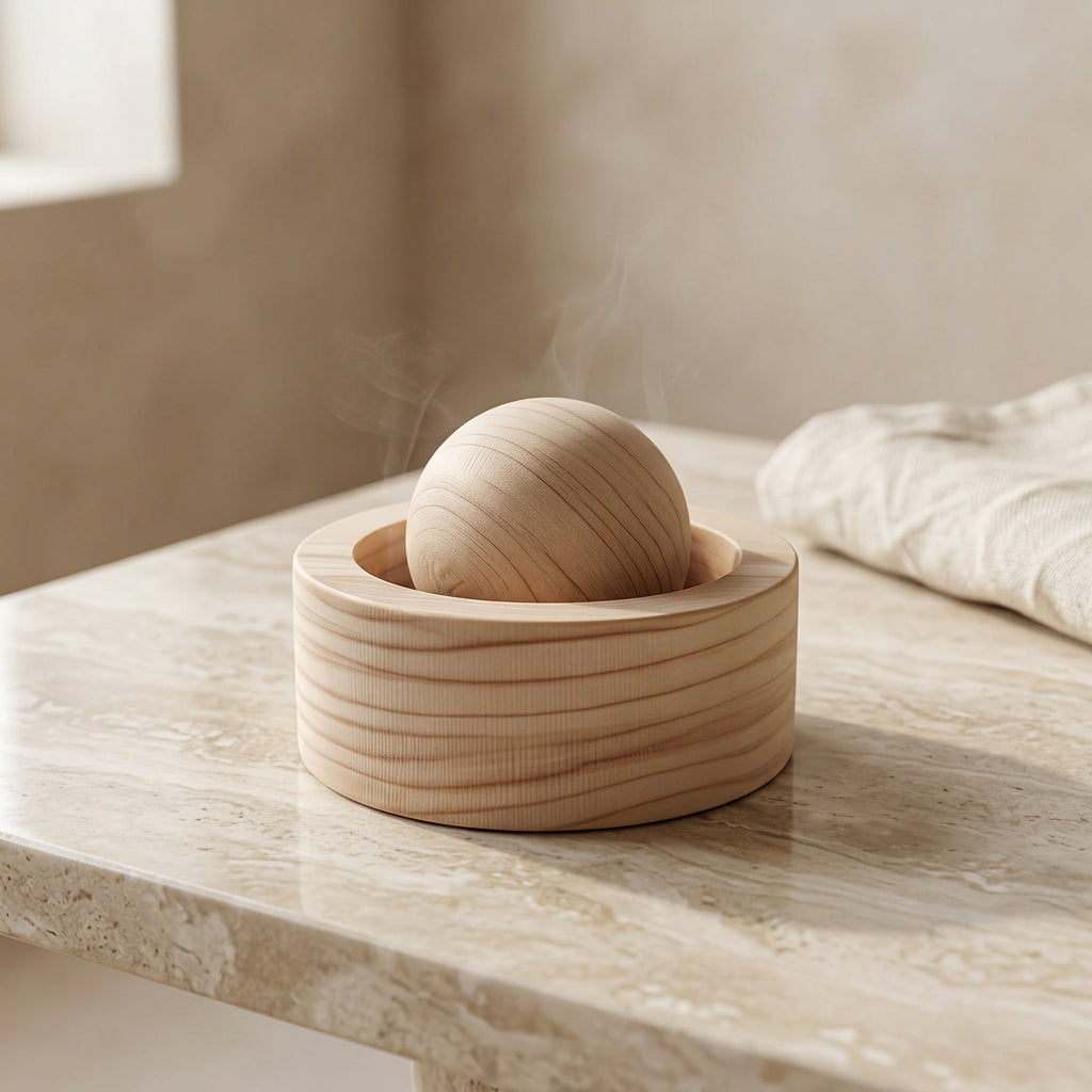 Minimalist wooden essential oil diffuser resting on a light-colored tabletop.