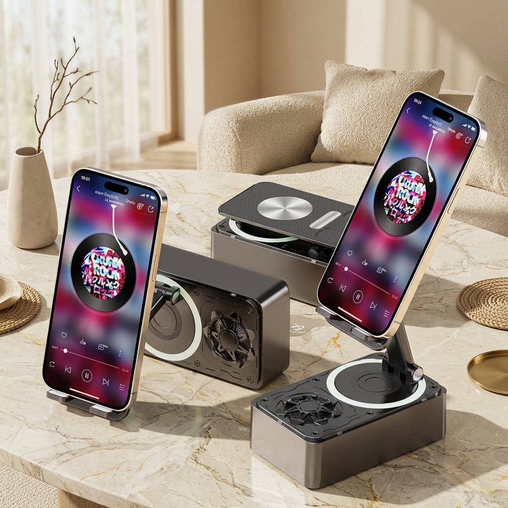 Multifunctional Bluetooth speaker with phone holder and charging station displayed with smartphones. 