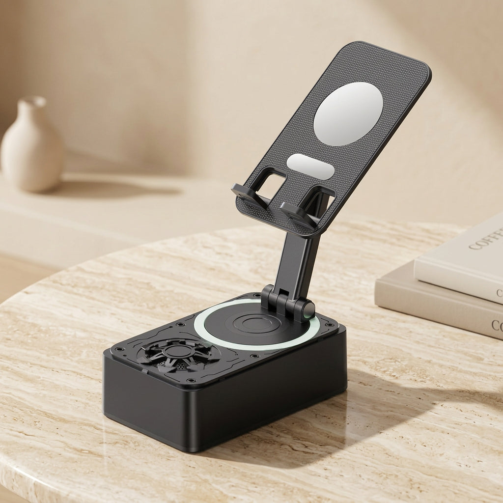 Adjustable phone holder with integrated Bluetooth speaker and portable charging capability. 
