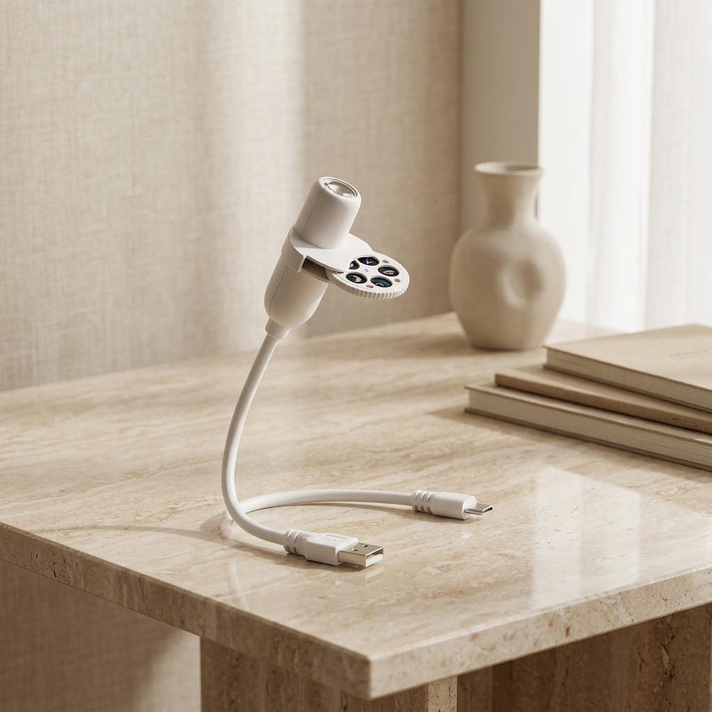 White USB Mini Galaxy Star Projector with flexible adjustable neck and compact design displayed on a modern beige tabletop. 