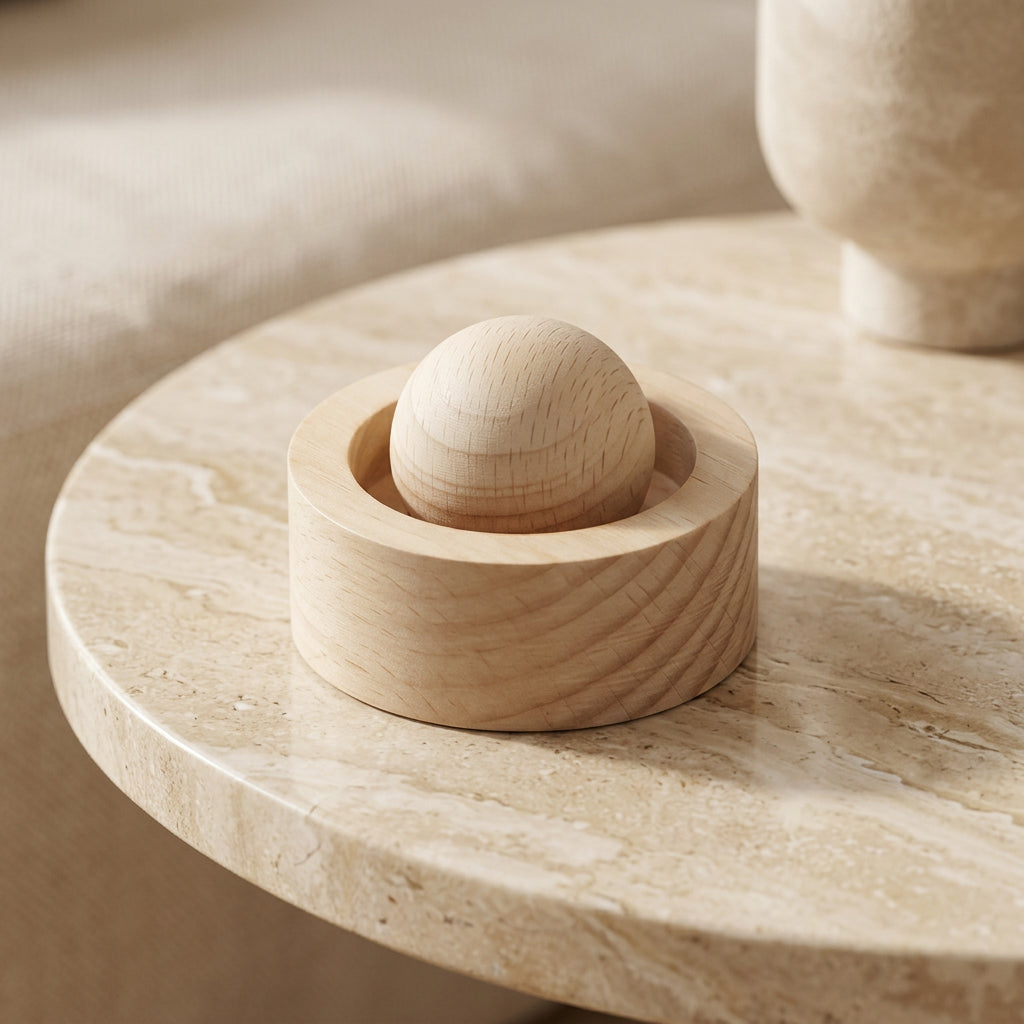 Close-up of a round wooden essential oil diffuser featuring a natural wood finish. 