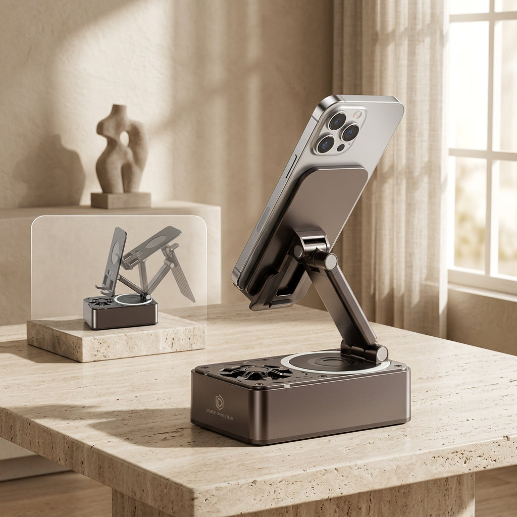Modern Bluetooth speaker with integrated phone stand and power bank in a neutral home setting. 