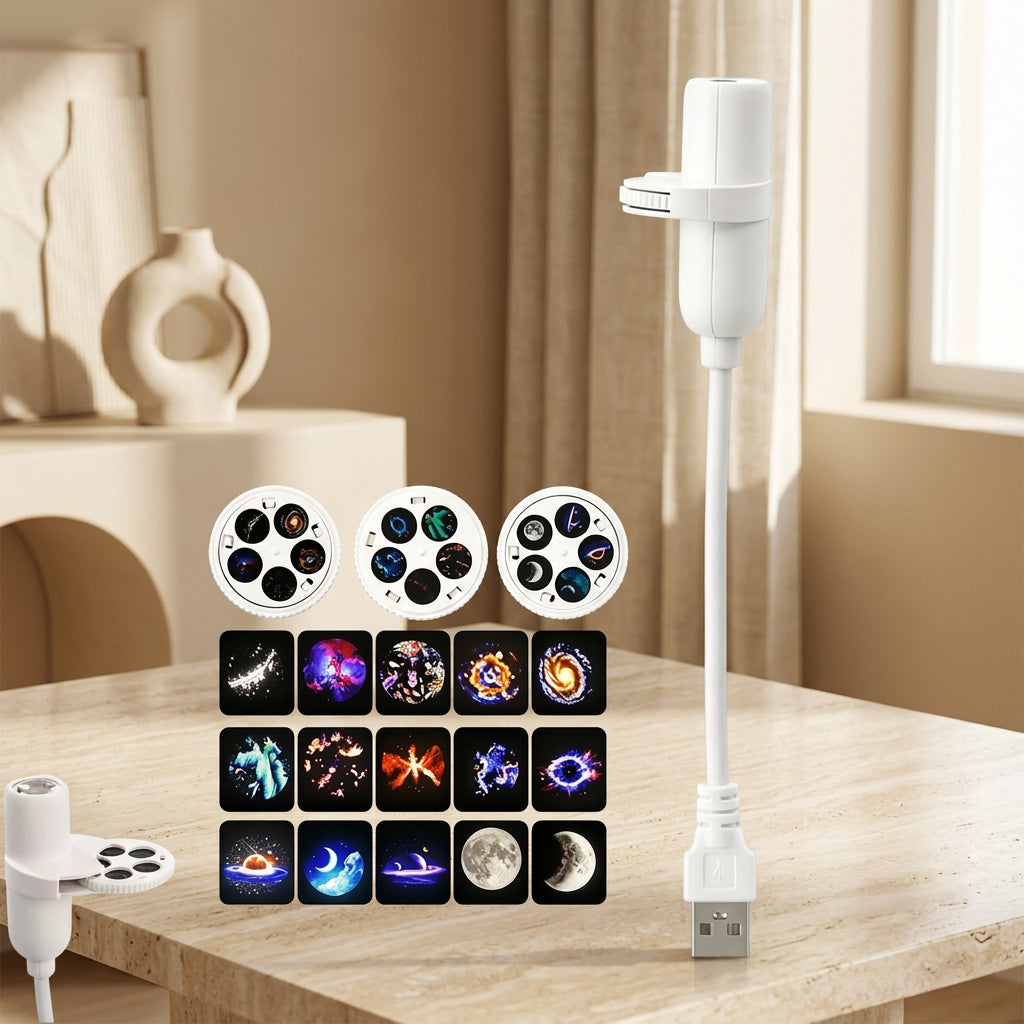 Compact galaxy night light projector displaying colorful stars and celestial effects on a ceiling. 