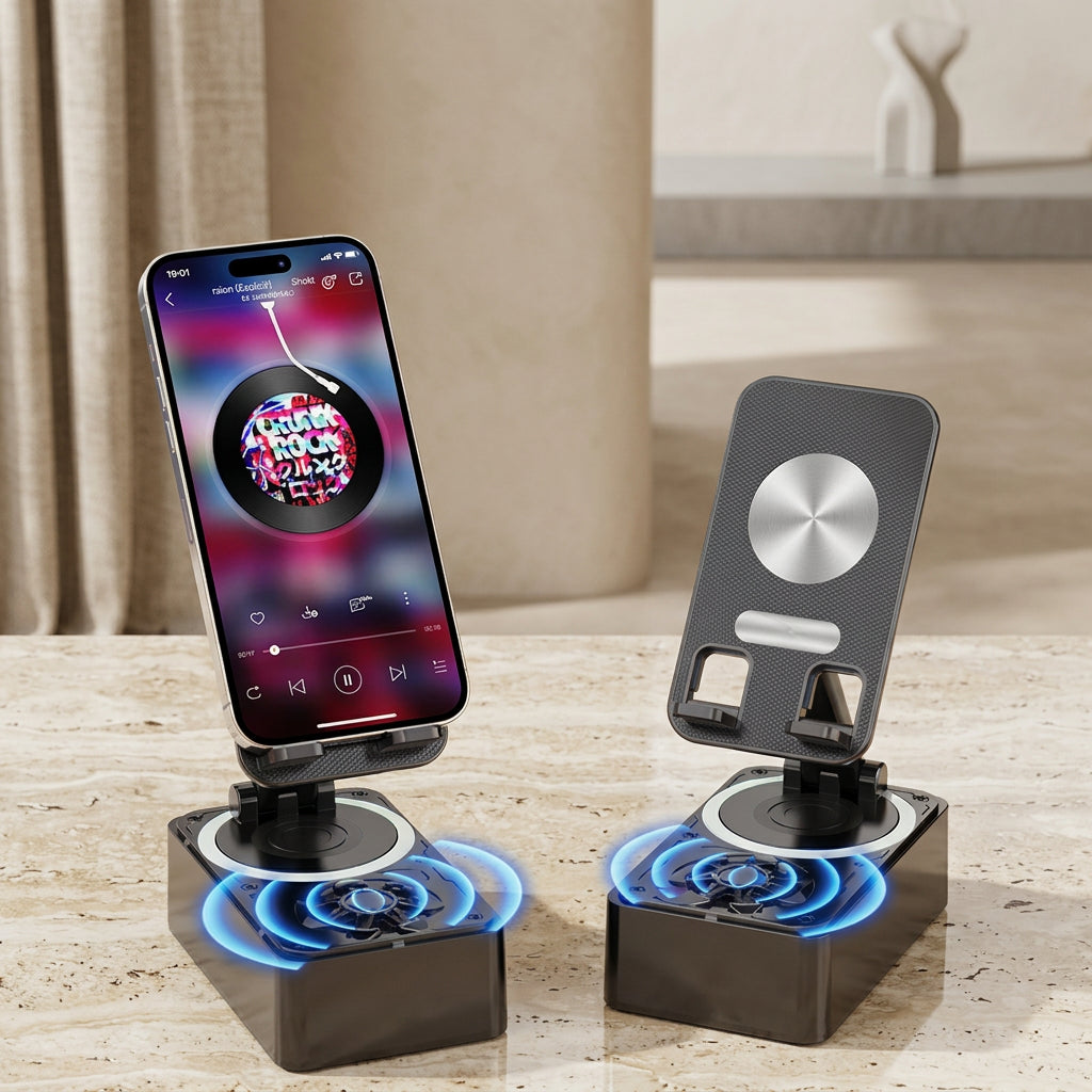 Compact Bluetooth speaker and phone stand with LED lighting and built-in power bank. 