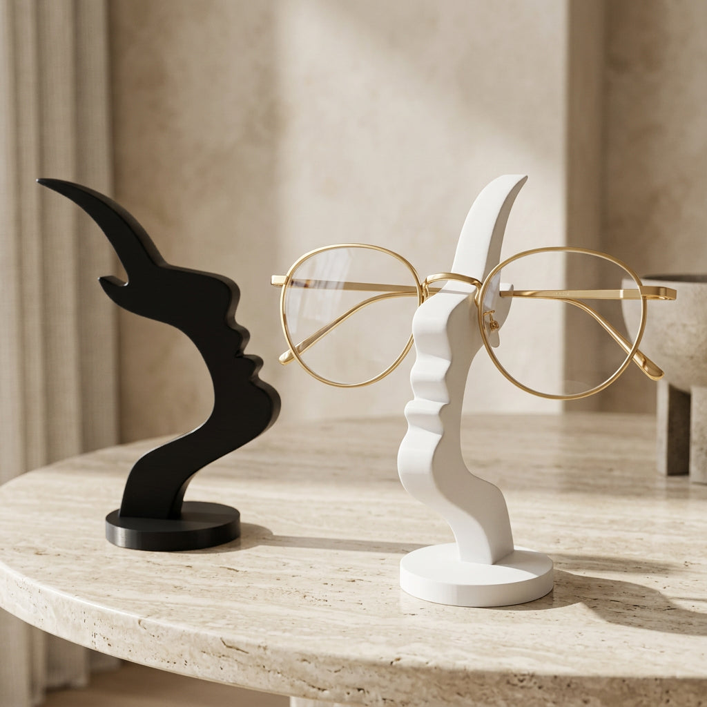Black and white minimalist face eyeglass holders displayed side by side on a modern beige tabletop. 