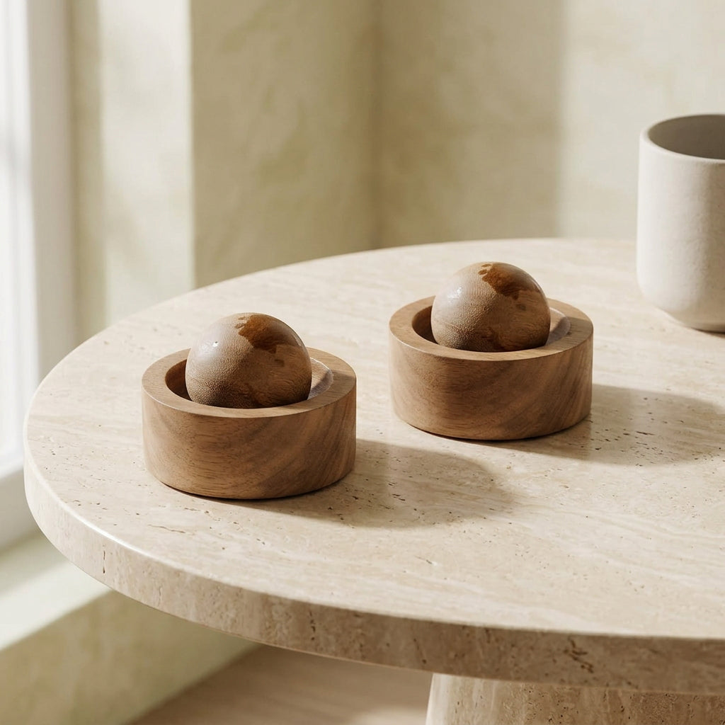 Natural wood essential oil diffusers displayed together in a warm, neutral home setting. 