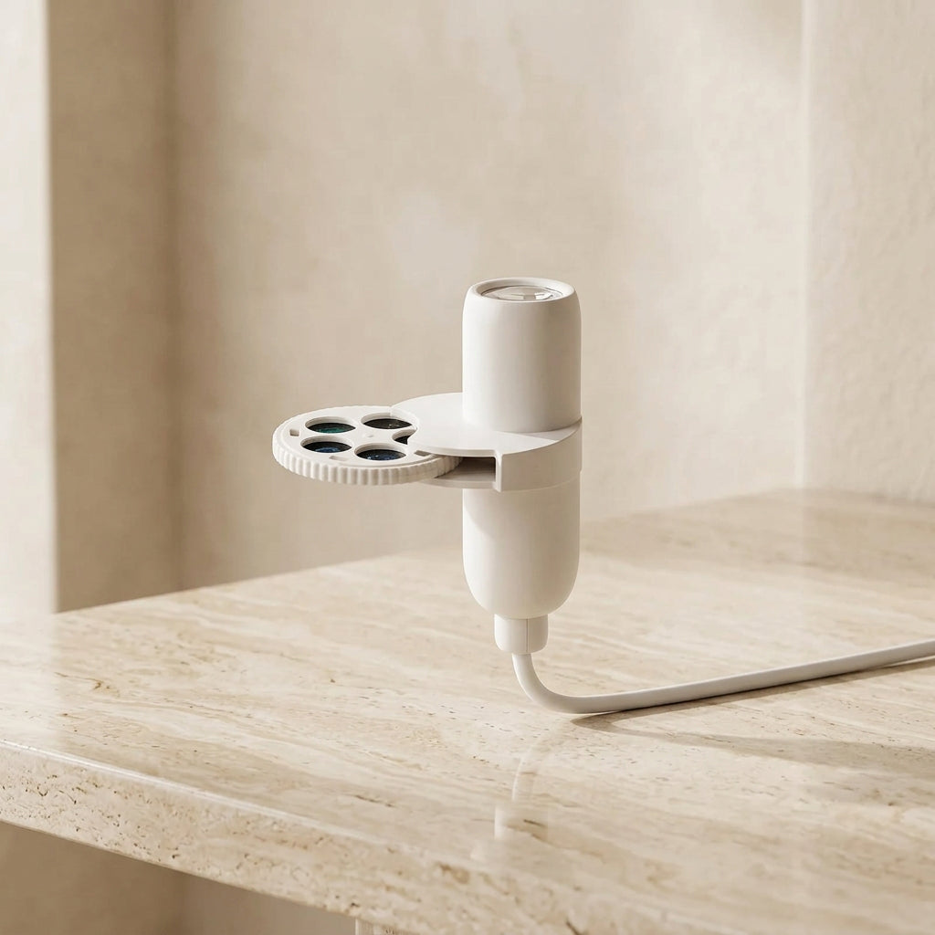 Compact USB galaxy projector creating a relaxing starry night atmosphere in a modern bedroom. 