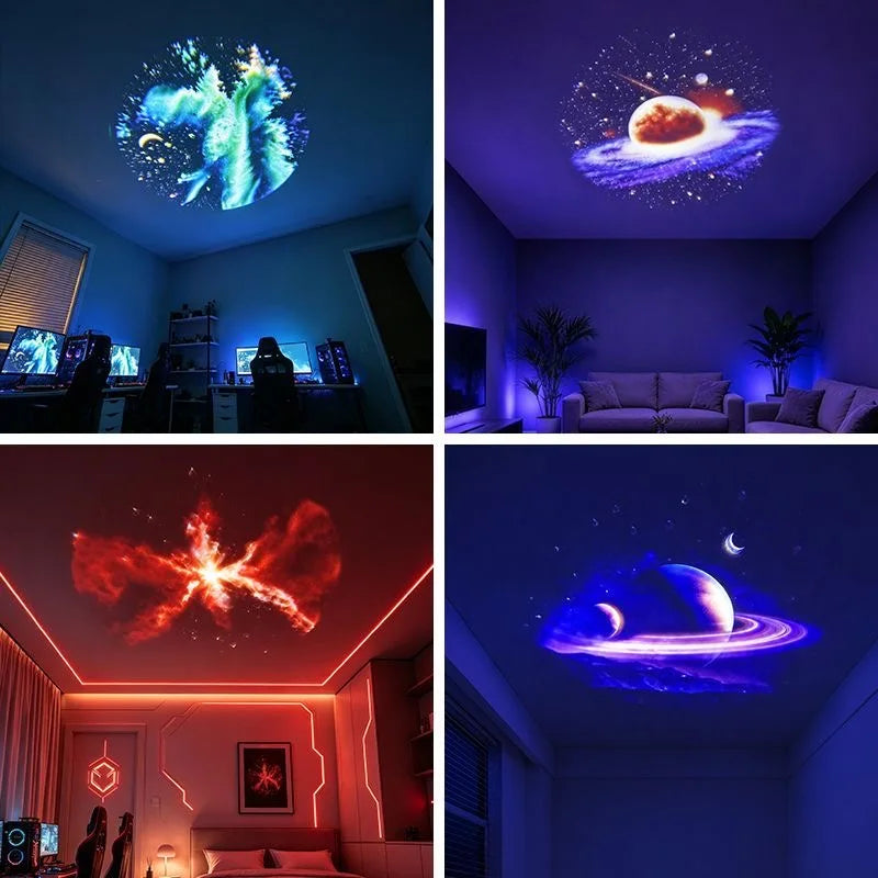 Mini star projector illuminating a dark room with colorful galaxy and nebula effects. 