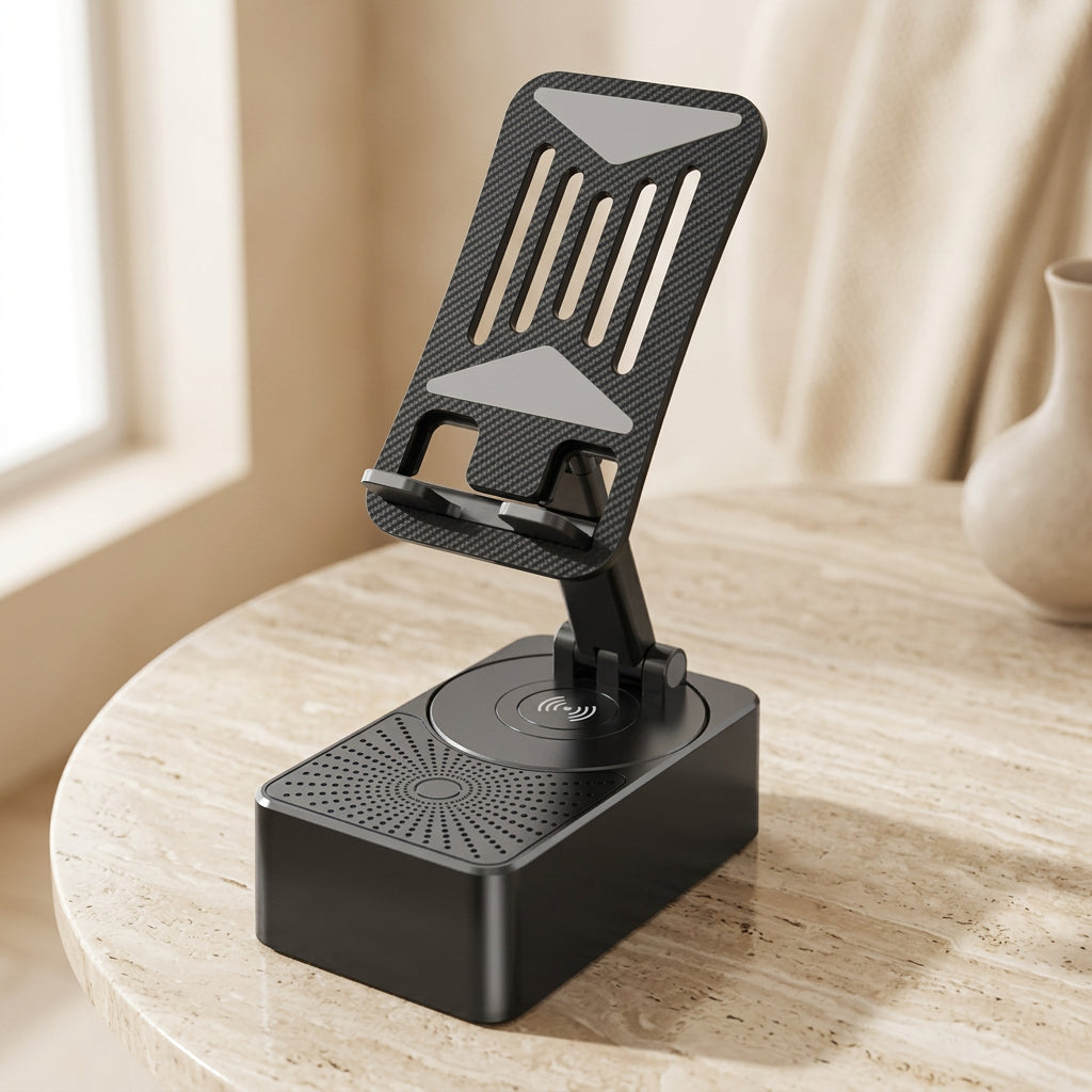Sleek black Bluetooth speaker with foldable phone stand and built-in portable charger. 