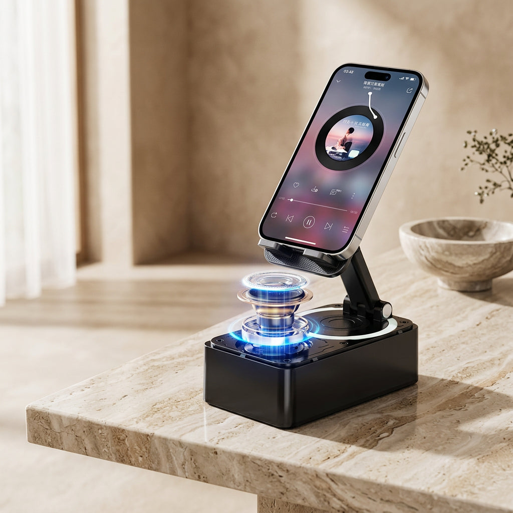 Multifunctional Bluetooth speaker and phone holder featuring illuminated LED lighting. 