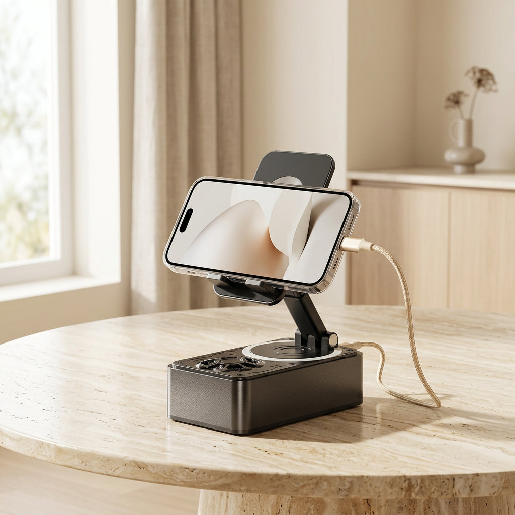 3-in-1 Bluetooth speaker with portable power bank and adjustable phone stand in a modern home setting. 