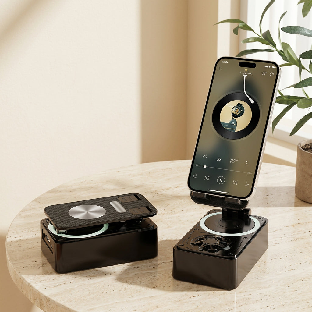 Portable 3-in-1 Bluetooth speaker with adjustable smartphone holder on a minimalist tabletop. 